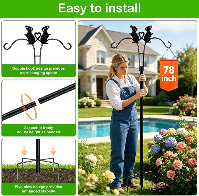 Double Shepherds Hooks for Outdoor, 2 Pack 78 Inch Bird Feeder Pole with 5 Prongs Base, Adjustable Heavy Duty Plant Hangers Dog Art for Outdoor Plants Hummingbird Feeder Hanging Basket Lantern