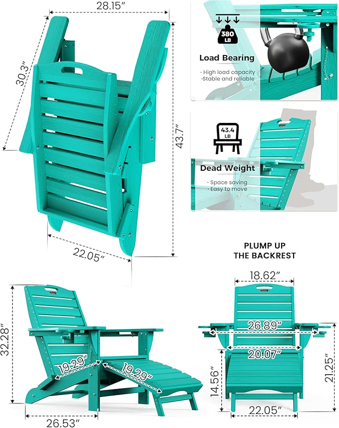 Ciokea Folding Adirondack Chair Set of 2 with Retractable Ottoman Fire Pit Patio Chair with Pull Out Foot Rest Weather Resistant Lawn Outdoor Chair with 2 Cup Holder (Lake Blue)