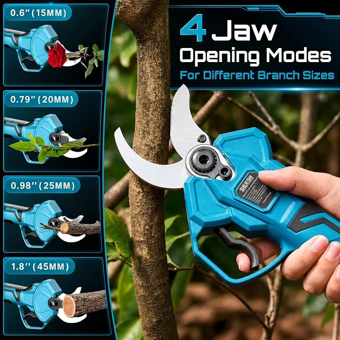 SEESII Electric Pruning Shears 1.8'' Cut, 20V Cordless Pruning Shears with Dual 4.0Ah Batteries, Brushless Motor, SK5 Blade, LCD Display, 4 Opening Modes for Tree Branch Trimming