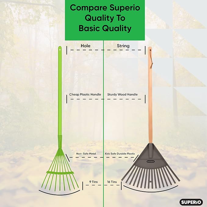 Superio Kids & Adult Set Rakes with Hardwood Handle, Durable Plastic Head to Sweep Leaves in Lawn and Tidying Up The Garden, Kids Size 34" Adult Size 61"
