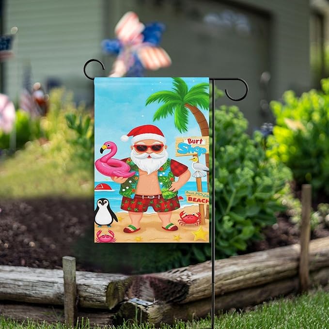 Christmas Beach Santa Claus House Flag 28x40 Inch Double Sided Outside Winter Penguin Flamingo Xmas Seasonal Yard Outdoor Flag Banner for Garden Lawn Patio Holiday Decorations