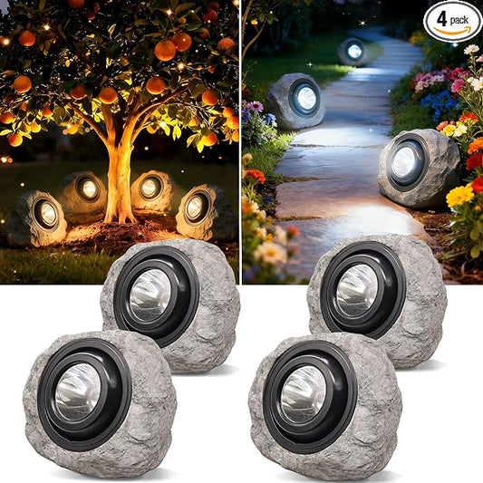 Solar Rock Lights Outdoor,4 Pack IP65 Waterproof LED Solar Ash Gray Garden Stone Spotlights,Warm White & Cool White Switchable,Auto On/Off Landscape Lights for Pathway Walkway Yard Patio