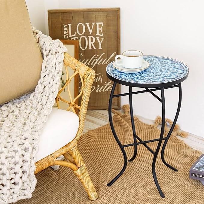 VONLUCE Mosaic Side Table and Plant Stand, 21" Round End Table with 14" Ceramic Tile Top, Indoor & Outdoor Accent Table, Porch Patio Furniture, Entryway & Coffee Table for Home & Garden, Blue Mandala