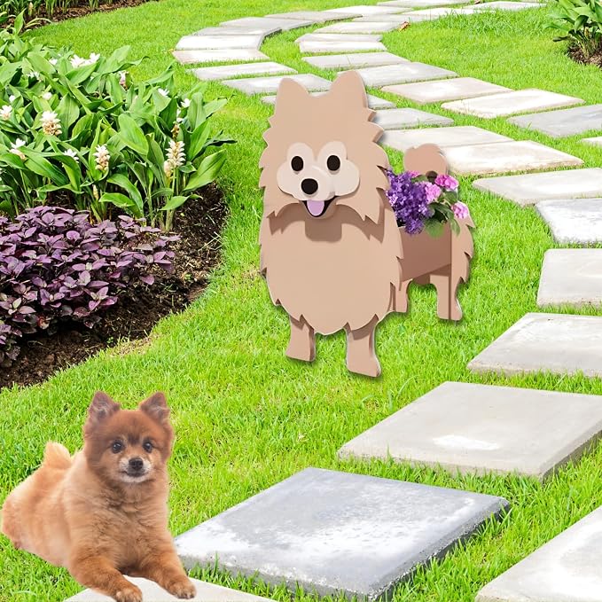 Brown Pomeranian Dog Planter, Cute Animal Shaped Plant Pot, Dog Flower Pot, Gifts for Women & Pet Lovers, Indoor Outdoor Garden Home Office Decor, 9.84 x 8.66 x 16 Inches