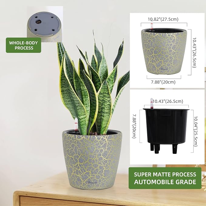 Dexceder 11x10 Self Watering Planter (Grey Gold Crackle) | Inner Pot Design, Thickened Table Flower Plant Pot with Water Level Indicator Indoor Outdoor