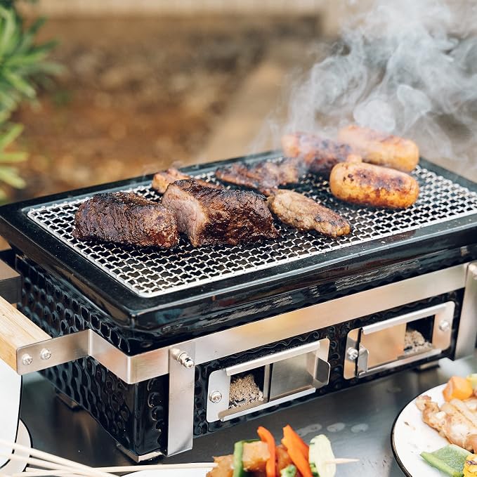 ONLYFIRE GRILLS Charcoal BBQ Hibachi Grill with Grid Lifter, Portable Yakitori Grill with Stainless Steel Grate, Barbecue Stove for Outdoor Camping Picnic Patio Backyard Cooking, GS306