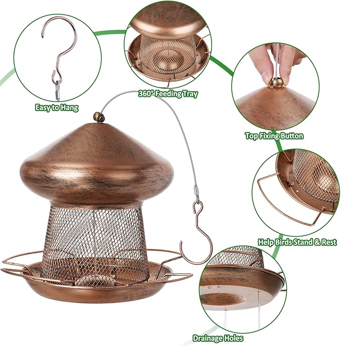 Bird Feeder, Heavy Duty Metal Bird Feeders for Outdoor Hanging, Cute Mushroom Shape Wild Birdfeeder for Outside Garden Yard (Brown)