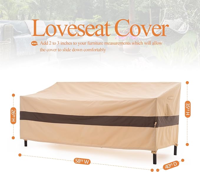 WJ-X3 Outdoor Loveseat Cover for 2-Seater Sofa, Waterproof & Heavy-Duty, Windproof Design, 58" W x 40" D x 35" H, Beige & Coffee