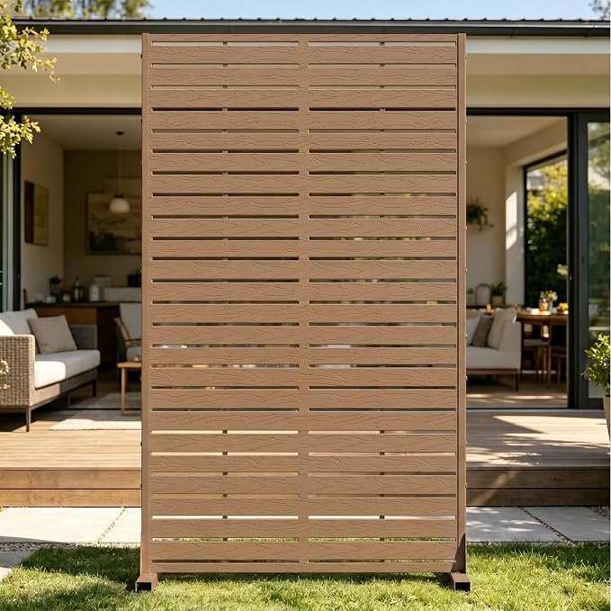 Outdoor Privacy Screen 60" H HDPE Decorative Panel Freestanding Privacy Fence with Stand, Privacy Screens with Louvered 5 Panels, Weather-Resistant Panel Fence for Patio,Balcony,Pool,Brown