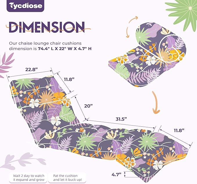 Outdoor Chaise Lounge Chair Cushion Set of 4, Waterproof 74.4 x 22 x 4.7 Inches Memory Foam Thickened Lounge Chair Cushions Replacement for Outdoor Furniture with Ties, Purple Floral Leaf