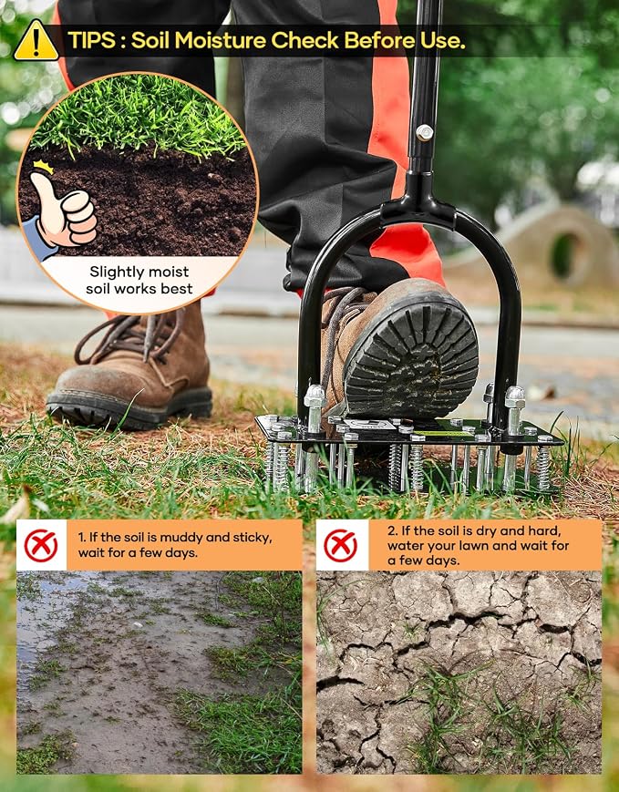 Sakerplus Aerator Lawn Tool, Hand Metal Spike Lawn Aerator with Rebounce Spring Base, Automatic Leaf and Dirt Cleaning, Grass Aerator for Lawn Care, Soil Loosening, Yard Aerating (Black Handle)