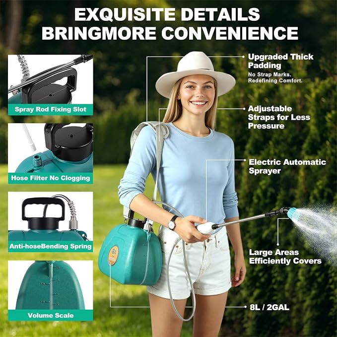 2 Gallon Battery Powered Garden Sprayer, Electric Weed Sprayer with 2 Adjustable Speed, Battery Indicator,Rechargeable Retractable Wand with Adjustable Shoulder Strap for Lawn,Garden,Yard