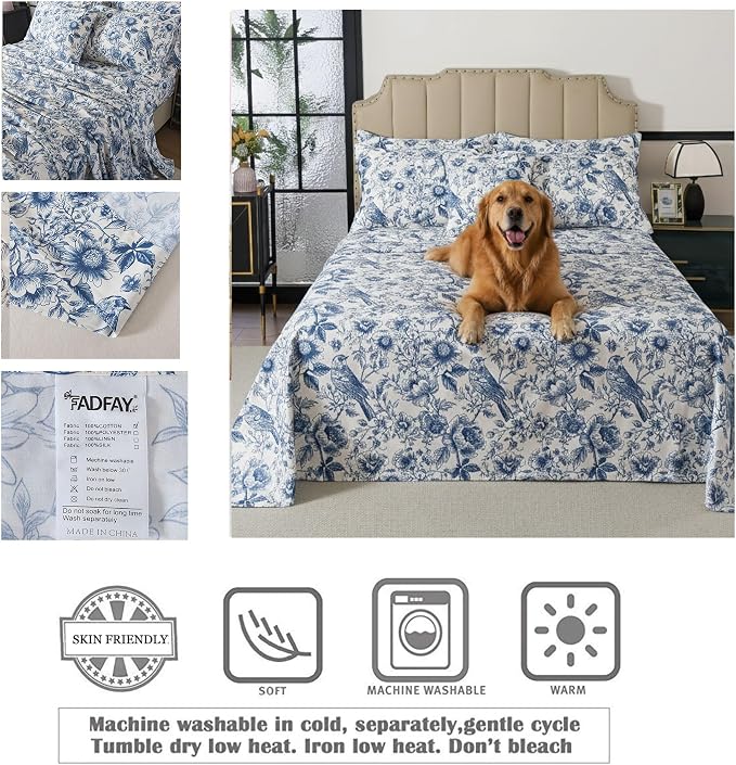 FADFAY Sunflower Bird Sheets Set Queen 100% Egyptian Cotton Blue Toile de Jouy Bedding Vintage Blue and White Floral Farmhouse Bedding Shabby French Country Sheets Deep Pocket Soft Breathable 4Pcs