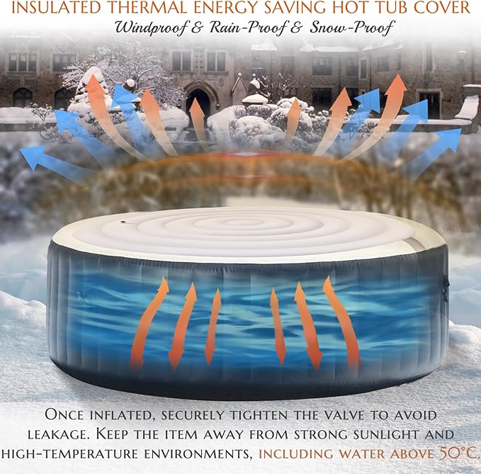 Inflatable Hot Tub Cover Round, Fits Saluspa Coleman Intex Cover, Thermal Insulated & Energy-Saving Weatherproof Protector, Unique Design Flexible Adjust Pool Cover Size Replacement-Life Time Support