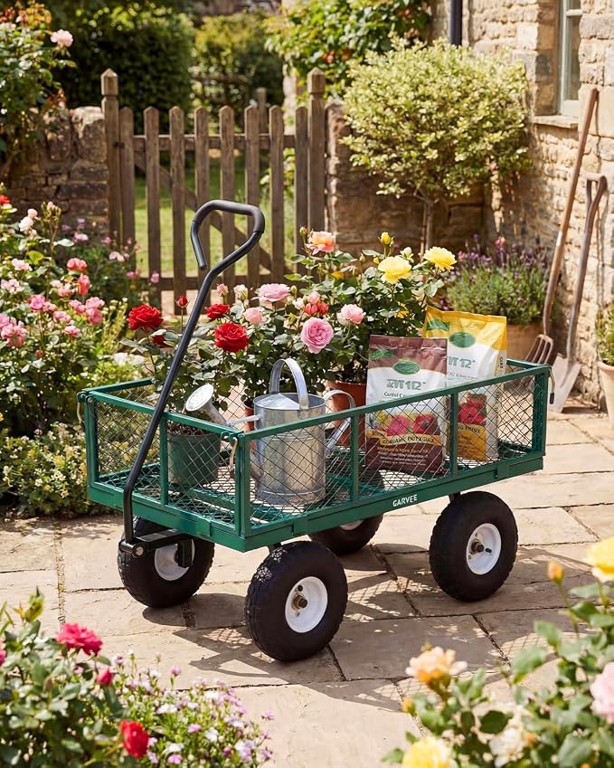 Garvee Versatile Outdoor Utility Cart - 800LBS Heavy-Duty, 10" All-Terrain Pneumatic Tires, Easy Maneuverable Lawn Cart with Removable Mesh Panels for Gardening & Landscaping, Green
