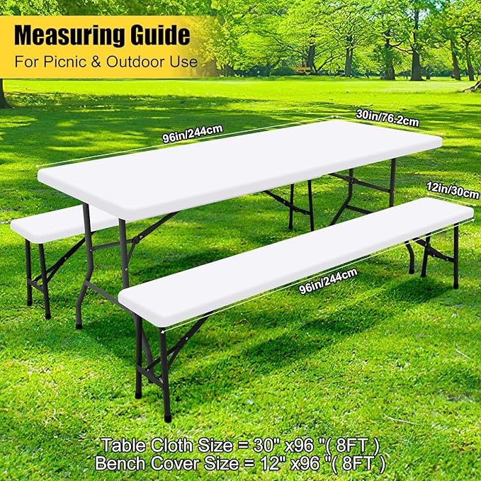 Smiry Picnic Table Cover with Bench Covers, Waterproof Elastic Fitted Polyester Tablecloths for 8 Ft Rectangle Tables, Washable Windproof Tablecloth for Camping, RV & Outdoor (White, 30x96 Inches)