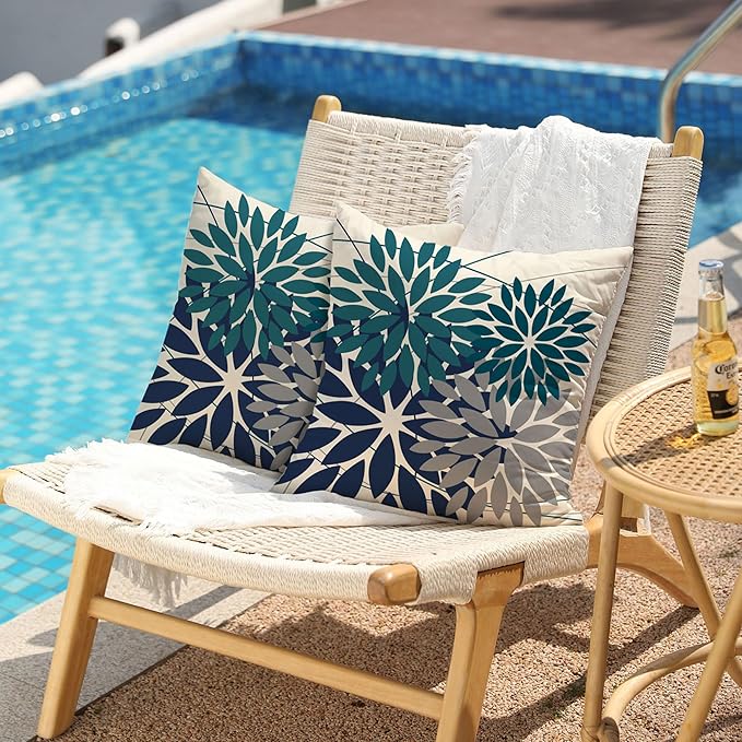 DFXSZ Outdoor Pillow Covers 20x20 Inch Set of 2 Dark Blue Grey Flower Decorative Waterproof Summer Outdoor Pillow Covers Valentines Pillow Covers for Patio Funiture Garden Couch 168L20