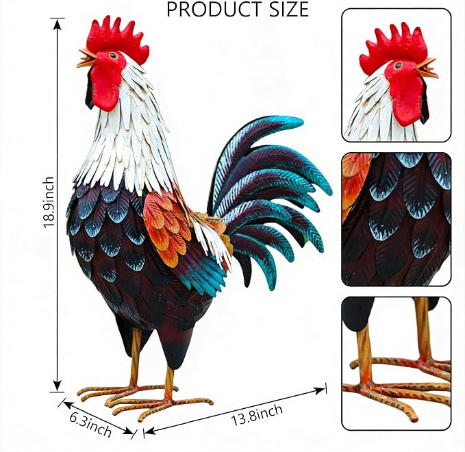 chisheen Metal Rooster Decor,Yard Chicken Decorations,Outdoor Garden Statues, Metal Chicken Sculpture for Backyard Patio Kitchen Decor & Lawn Ornaments