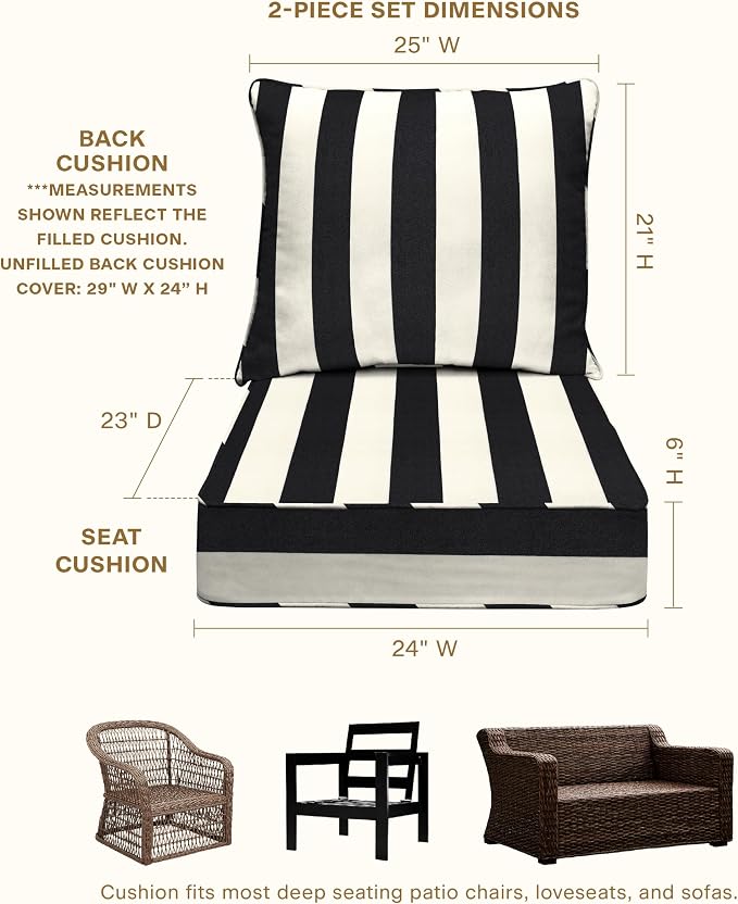 Honeycomb Outdoor Heritage Deep Seat, 24 x 23, Cabana Stripe Black and Ivory Chair Cushion with Removable Cover, for Patio Furniture