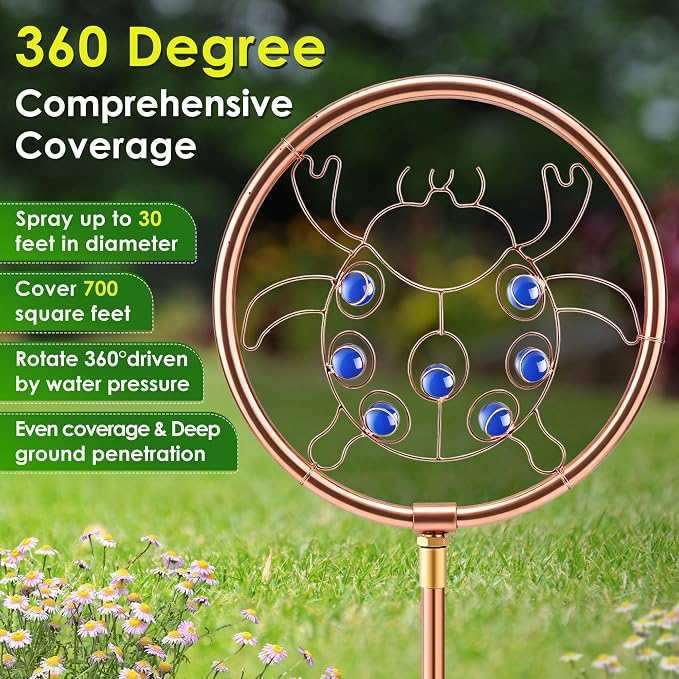 34" H Copper Coated Stainless Steel Ornamental Sprinkler, Corrosion Resistant Garden Rotating Sprinkler 360 Degree Shape Decorative for Lawn Garden Landscape (Ladybug)