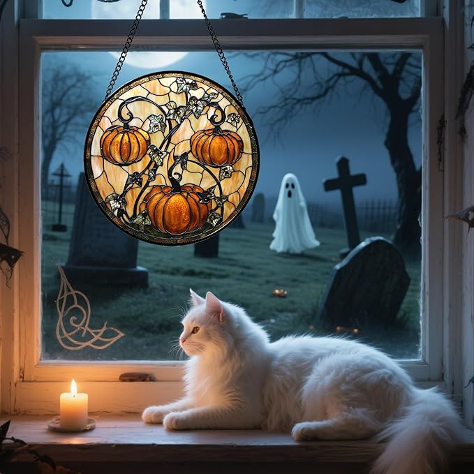 DASTOLL Stained Glass Window Hanging - Halloween Decoration Orange Pumpkin Vine Leaves Suncatcher for Door Garden Spooky Sun Catchers Gothic Decor Horror Gifts for Women Men Friend Boy Girl 7.8 in