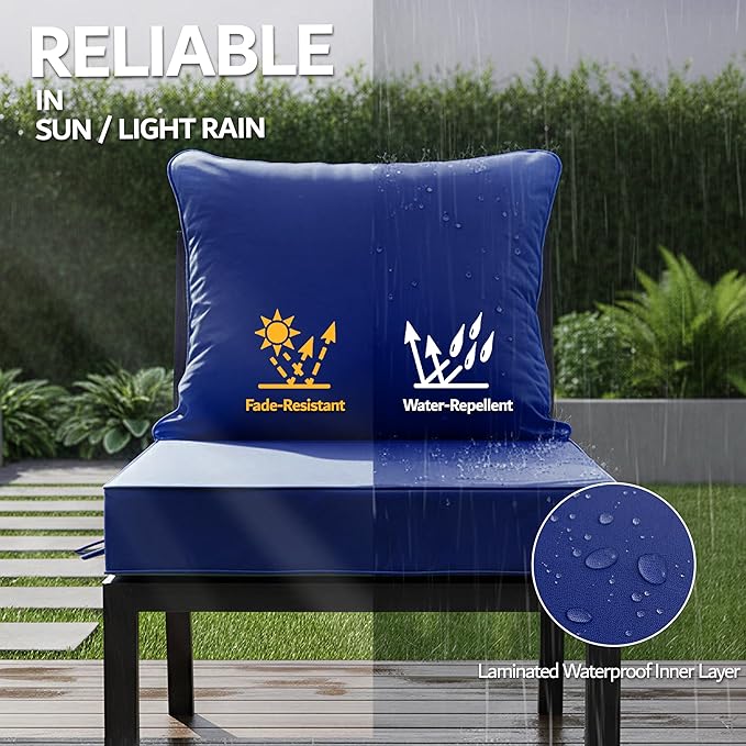 24x24 Inch Outdoor Chair Cushions Set of 2, Patio Furniture Cushions - Removable Cover, Water-Repellent, Fade-Resistant, Non-Slip Bottom & Straps, Replacement for Deep Seat Sofa & Couch - Navy