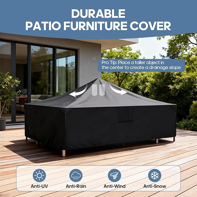 DUMOS Outdoor Furniture Cover, Rectangular Heavy Duty 600D UV Resistant & Waterproof Patio Furniture Covers for Deck Table and Chairs, Backyard Patio Dining Sets, 108"L x 82"W x 28"H, Black