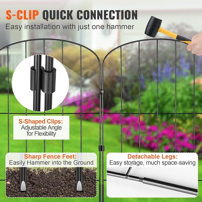 VEVOR Decorative Garden Fence 28 Pack, No Dig Fence 24in(H) x30ft(L) Animal Barrier Fence, Underground Garden Fencing with 2 inch Spike Spacing, Metal Dog Fence for The Yard and Outdoor Patio