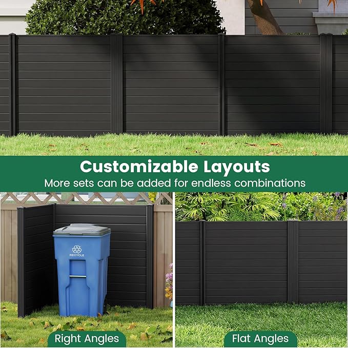 HAPPYGRILL Air Conditioner Fence, 2 Panels Outdoor Privacy Fence Screen w/3 Stakes, 48”W x 48”H PP Pool Equipment Enclosure Trash Can Screen, Decorative Garden Fences for AC Unit Patio Lawn, Black