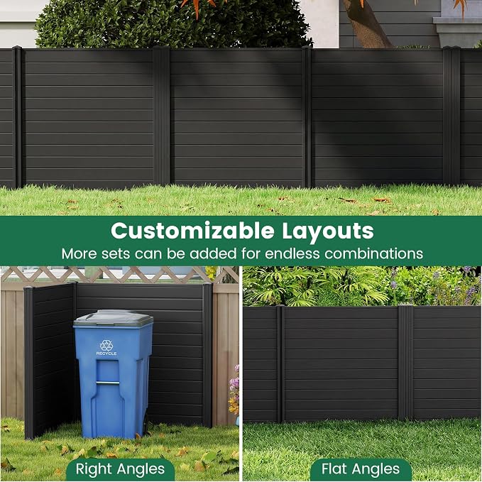 HAPPYGRILL Air Conditioner Fence, 4 Panels Outdoor Privacy Fence Screen w/6 Stakes, 48”W x 48”H PP Pool Equipment Enclosure Trash Can Screen, Decorative Garden Fences for AC Unit Patio Lawn, Black