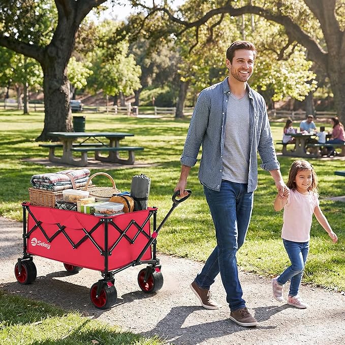 Sekey 150L Wagons Carts Foldable with Big All-Terrian Beach Wheels, Collapsible Heavy Duty Wagon, Extra Large Folding Wagon, Foldable Wagon for Camping, Garden, Sports. Pink