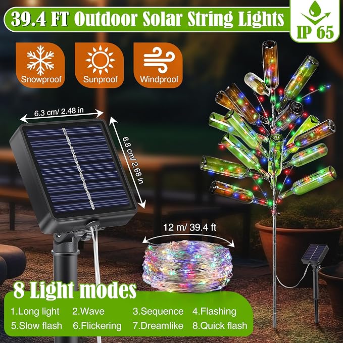 Meonum Solar Light Bottle Tree, 61" Metal Garden Sculpture for Yard & Patio Decor, Colorful Outdoor Wine Holder for Garden & Lawn Decoration, Holds 24 Glass Containers(Black)