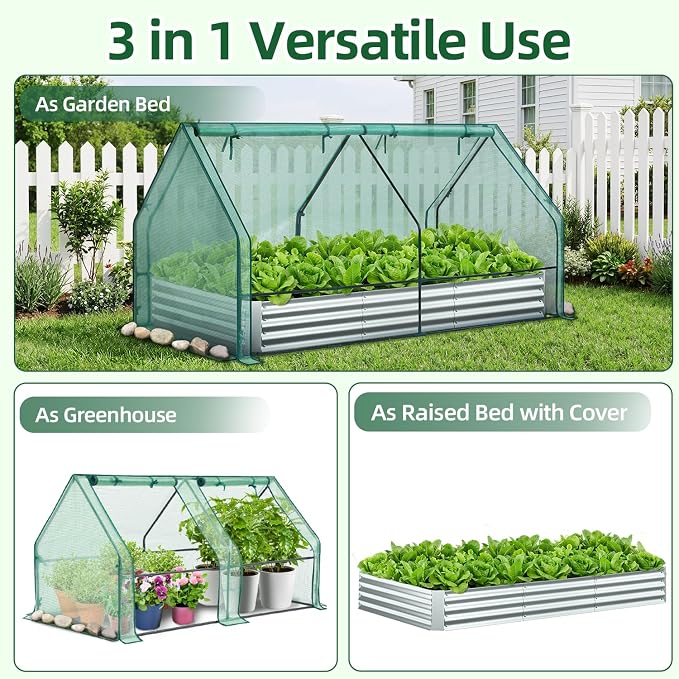 Ohuhu Raised Garden Bed with Cover Outdoor, 8x4x1 FT Galvanized Metal Planter Box with PE Greenhouse Cover, 4 Doors for Ventilation, 3-in-1 Gardening Set for Vegetable Flower Herb Succulent
