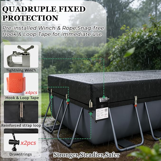 QH.HOME 550D 8x16 Ft Rectangular Pool Cover [Upgraded Tear Resistant & Quadruple Windpoof]wth Pre-Installed Winch and Rope,Pool Covers for Above Ground Pools Rectangle-Snug Fit & Waterproof Protection