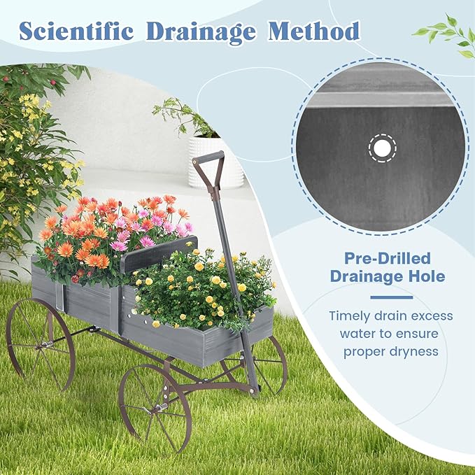 DORTALA Wood Wagon Planter, Outdoor Garden Flower Planter Cart with Wheels, Small Decorative Wood Raised Bed Plant Pot Box Stand for Backyard, Patio, Balcony, Grey