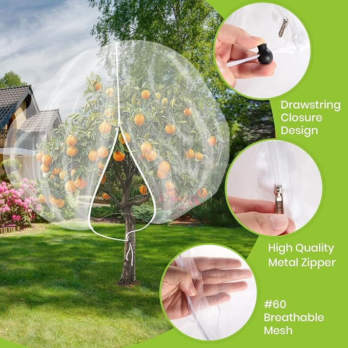 2Pcs Large 10x10FT Fruit Tree Netting with Zipper, Drawstring - Mesh Bags Covers for Garden Protection - Insect Bird Tree Nets for Fruit Trees, Blueberry Bushes, Flower and More