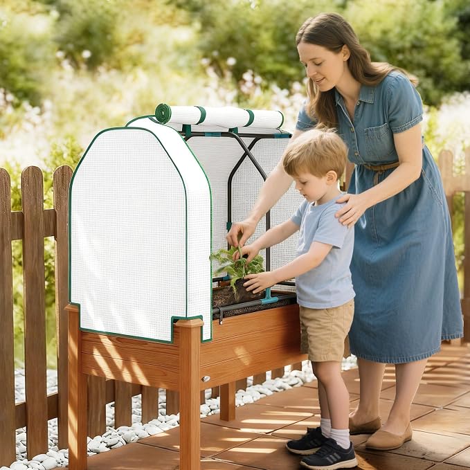 Outsunny Raised Garden Bed with PE Greenhouse Cover Outdoor Elevated Wood Planter Box for Herbs and Vegetables, Use for Patio, Backyard, Balcony, 35 x 22 x 47 inch, Brown
