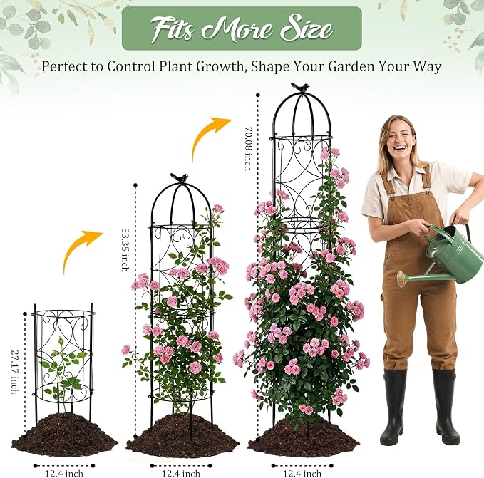100% Metal 6.1 Ft Garden Obelisk Trellis for Climbing Plants, Rustproof Coated Floral Scrollwork Plant Support with Bird Finial, for Tomato, Rose, Grape, Cucumber, Vines, Indoor/Outdoor Black