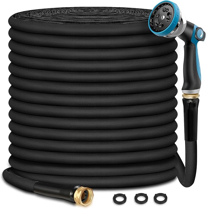 Garden Hose 100ft, Flexible Water Hose with 10 Function Hose Nozzle, Lightweight, Tangle Free, Rust Proof for Yard, Watering(Black)