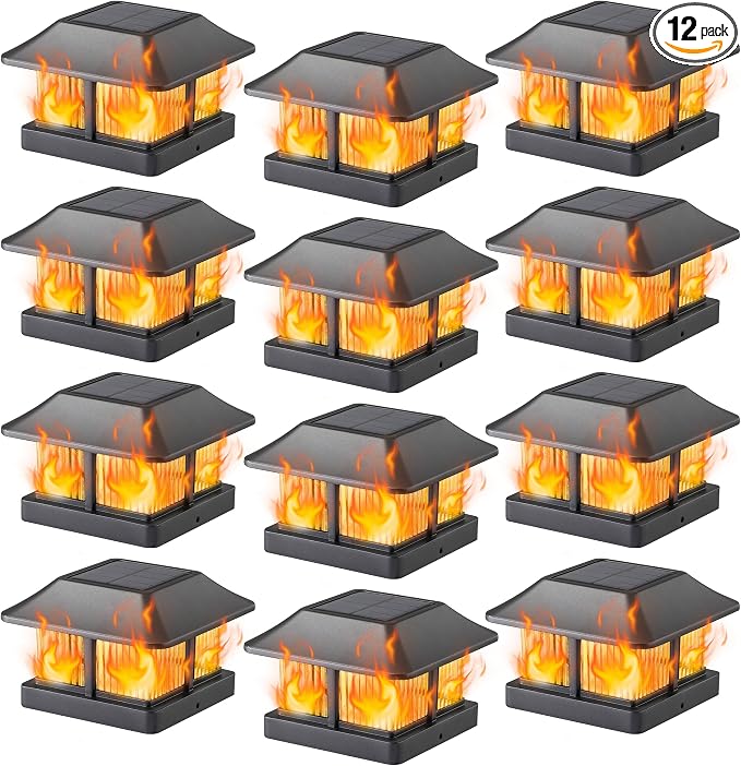 Dynaming 4x4 Solar Flame Post Cap Lights Outdoor, Solar Powered Fence Post Light, Flickering Flame LED Lantern Lamps Waterproof for Garden Deck Patio, Fit Wooden/Vinyl Posts, 12 Pack