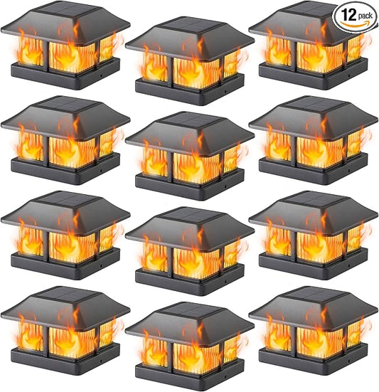 Dynaming 4x4 Solar Flame Post Cap Lights Outdoor, Solar Powered Fence Post Light, Flickering Flame LED Lantern Lamps Waterproof for Garden Deck Patio, Fit Wooden/Vinyl Posts, 12 Pack