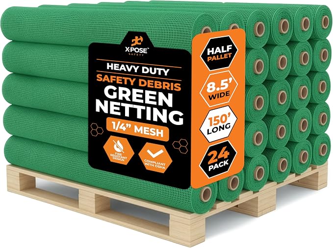 Xpose Safety Construction Safety Netting – 8.5' x 150', 1/4" Mesh Scaffold Safety Net, Temporary Material Roll, Visibility Fence, Heavy-Duty Fire Retardant, Green (24-Pack)