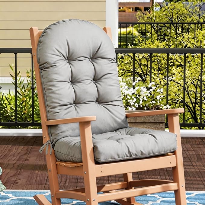 Rocking Chair Cushion Adirondack Chair Cushions with Non-Slip Ties, High Back Patio Chair Cushions,Fade-Resistant & Waterproof,Indoor/Outdoor Rocking Chair Pad for Living Room, Deck,Light Gray