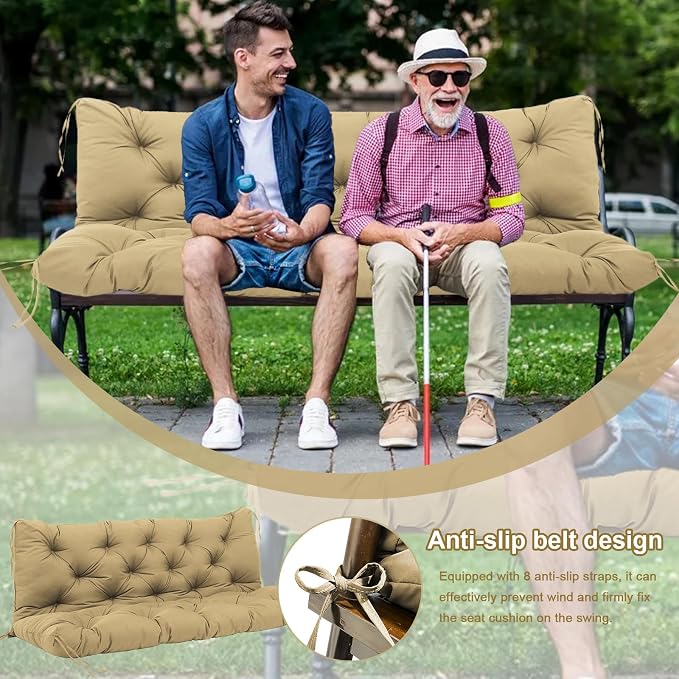 Premium 5" Thick Waterproof Outdoor Swing Cushions 3 Seater Sturdy Durable Porch Cushions 58 inch with Backrest&Ties Swing Cushions for Outdoor Furniture Backyard (Khaki, 58x40x5inches)