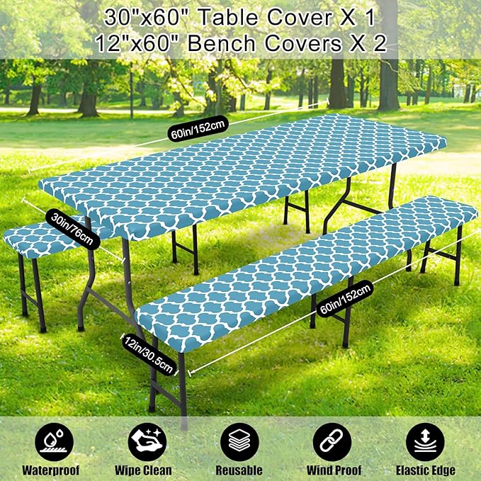 Smiry Picnic Table Cover with Bench Covers, Waterproof Elastic Fitted Tablecloth for 5 Foot Tables, Washable Polyester Tablecloths for Camping, Indoor & Outdoor (Light Blue, 30x60 Inch 3-pc Set)