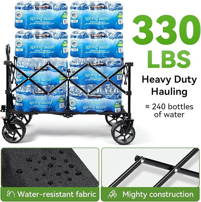 Hikenture Collapsible Wagon Cart, 330lbs Capacity Beach Wagons with Big Wheels for Sand, Heavy Duty Foldable Cart with Brakes, Portable Utility Folding Garden Cart for Outdoor