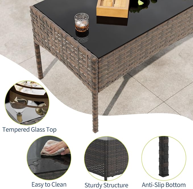 4-Piece Outdoor Furniture Set, PE Rattan Wicker Chairs with Soft Cushions & Tempered Glass Coffee Table - All-Weather Patio Set for Garden, Backyard, Porch, Poolside (Brown/Dark Blue)