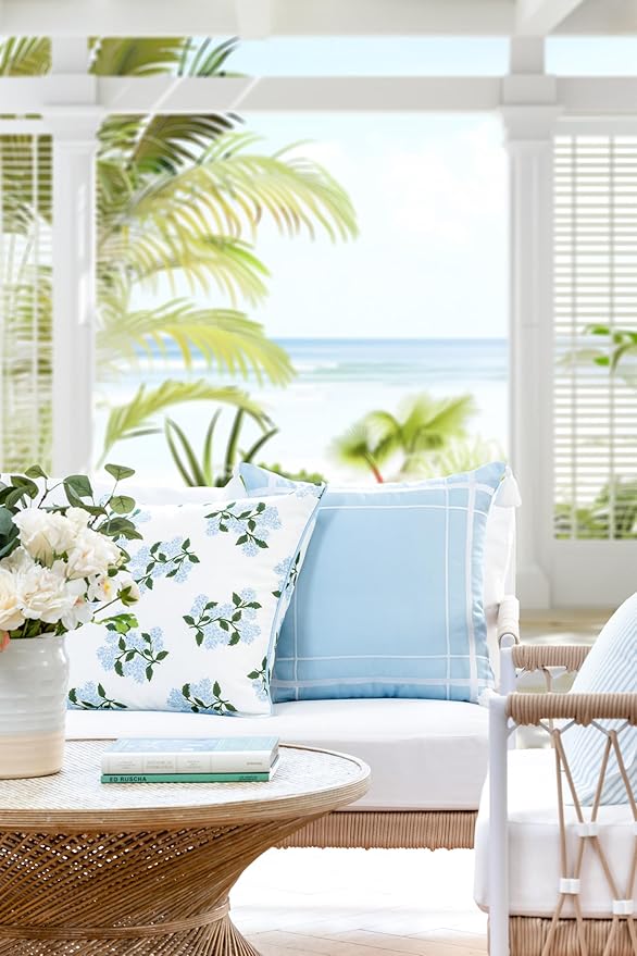 Hofdeco Premium Coastal Patio Indoor Outdoor Throw Pillow Cover Only, 20"x20" Water Repellent for Backyard, Couch, Baby Blue Print Hydrangea Flower (Pack of 2)