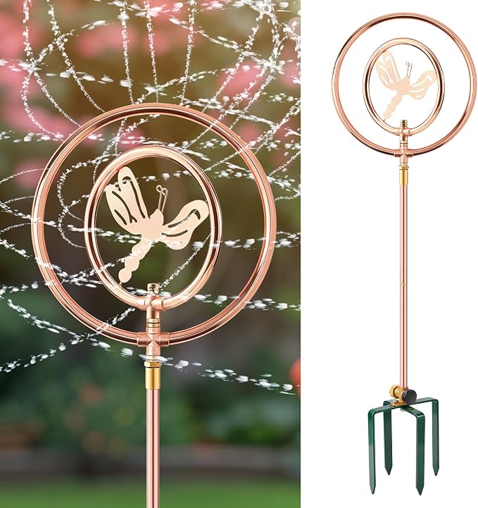34" H Copper Coated Stainless Steel Ornamental Sprinkler, Corrosion Resistant Garden Rotating Sprinkler 360 Degree Shape Decorative for Lawn Garden Landscape(Double Ring Butterfly)
