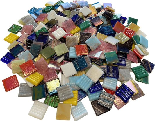 SMEIINIK 1.5 lb Bulk Mosaic Tiles for Crafts, Consisting of a Mix of Iridescent Mosaic Tiles and Gold-Textured Glass Mosaic Tiles, 3/4-Inch Square Mosaic Glass Pieces (240pcs, Multicolor), HT001
